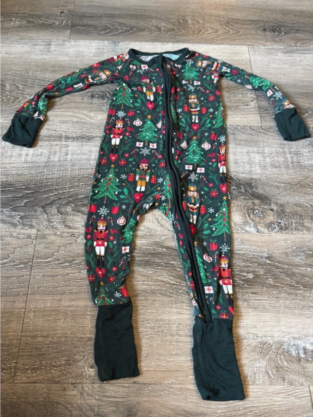 Little Sleepies Dark Green Nutcracker Print One-Piece Footie- Christmas